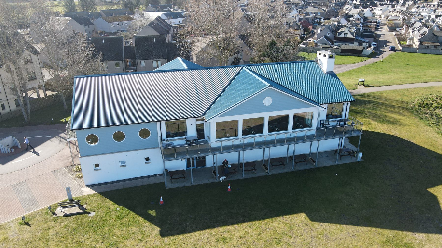 Aerial view of a clubhouse building near Nairn
