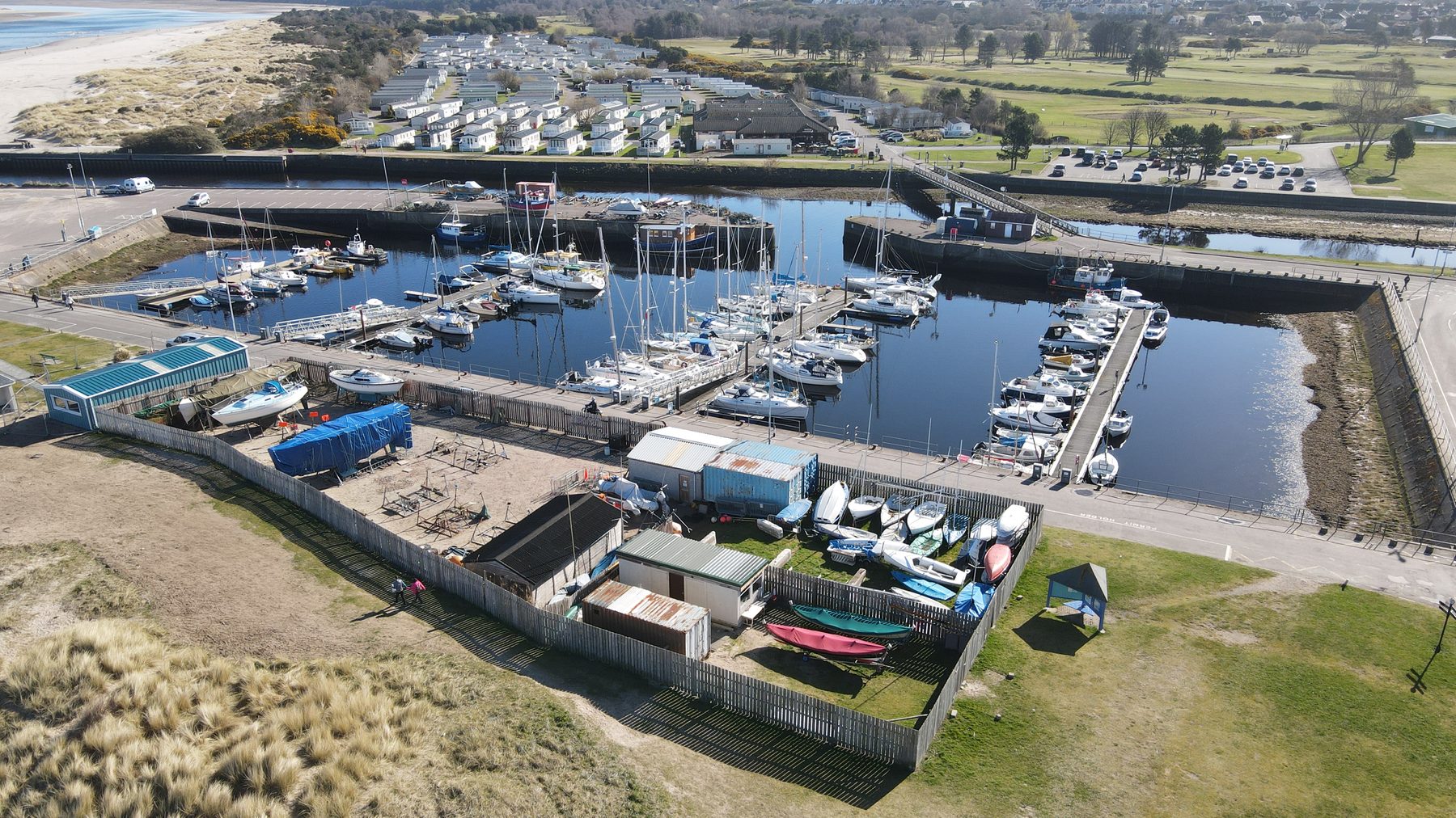 Aerial view of Nairn marina with boats moored